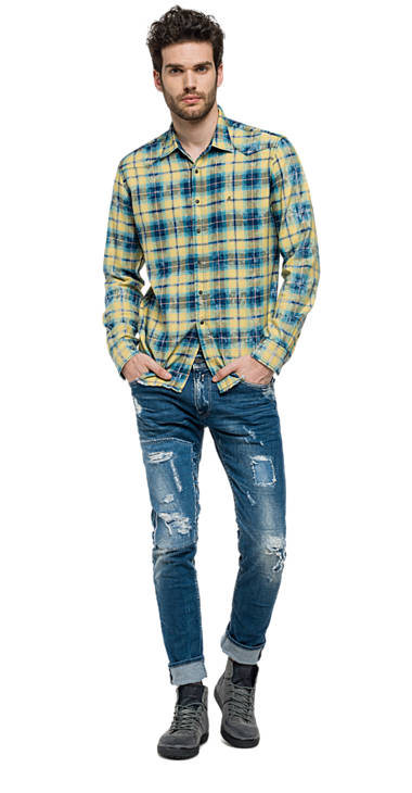 Decathlon BLUE/MUSTARD CHECK Hemd aus Baumwolle und Viskose mit Schottenmuster Herren