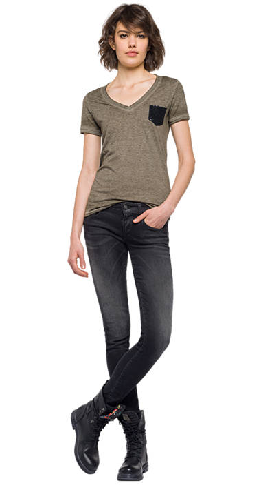 Decathlon DARK OLIVE T-Shirt mit Brusttasche und Strass Damen