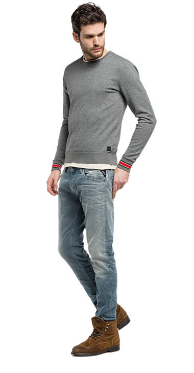 Decathlon GREY MEDIUM MELANGE Pullover mit gestreiften Ärmelbündchen Herren