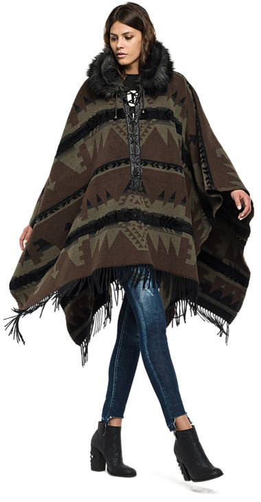 Decathlon Jacquard-Poncho mit Ethno-Motiv BLACK/MILITARY GREEN/BROWN