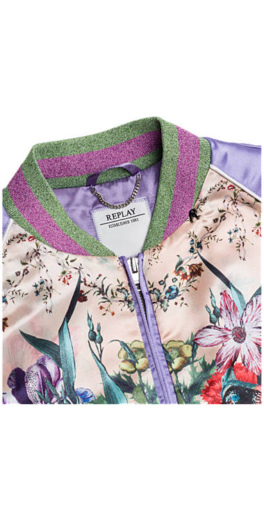 Decathlon Herren MULTICOLOUR+SOLID COLUR LILAC Bomberjacke aus Satin mit Maxi-Aufdruck Outlet