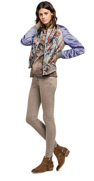 Decathlon Online Bomberjacke aus Satin mit Maxi-Aufdruck MULTICOLOUR+SOLID COLUR LILAC