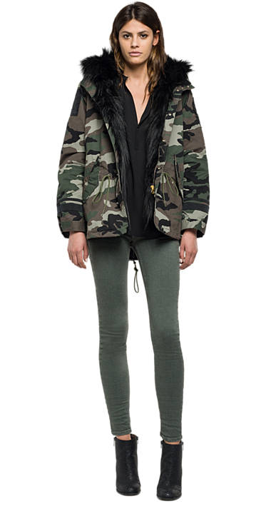 Decathlon Outlet Parka in Camouflage-Optik mit Kunstfellbesatz CAMOUFLAGE BLACK/GREEN/BROWN