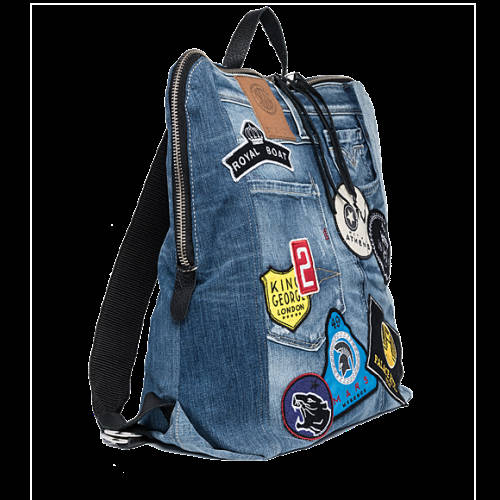 Decathlon Herren WASHED DENIM BLUE Unisex-Rucksack aus Denim mit Patches Kaufen