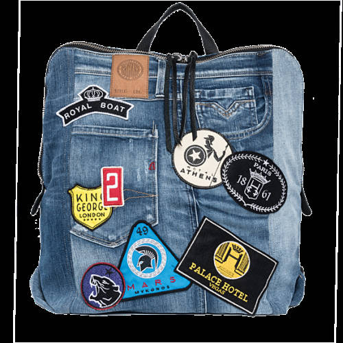 Decathlon Herren WASHED DENIM BLUE Unisex-Rucksack aus Denim mit Patches Kaufen