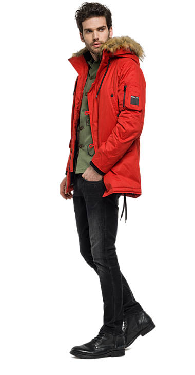 Decathlon Herren RED Einfarbiger Parka aus Baumwollmischgewebe Outlet