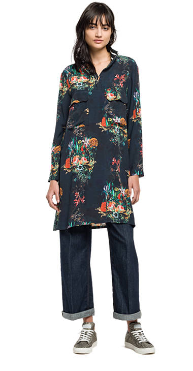 Decathlon Sale Kleid aus Krepp mit Blumenaufdruck FLOWER PRINT BLACK/MULTICOLOUR